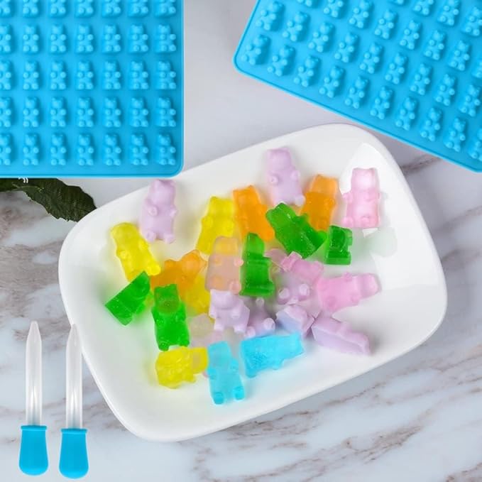 2 Piece Gummy Bear Silicone Molds, Non-Stick Chocolate Candy Mold with 2 Droppers Food Grade (Blue)