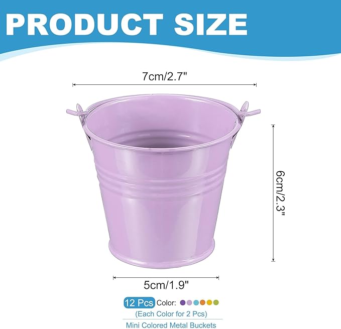 PATIKIL 2.7"x2.3" Small Metal Buckets with Handle, 12 Pcs Mini Bucket Colorful Easter Buckets for Crafts Party Favors Decoration, Green/Yellow/Orange/Blue/Light Purple/Dark Purple