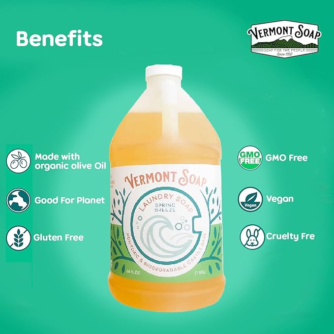 Vermont Soap Laundry Detergent, Laundry Soap, Natural Laundry Detergent Liquid, Baby Detergent, washing — Spring Breeze, 64 Fl Oz