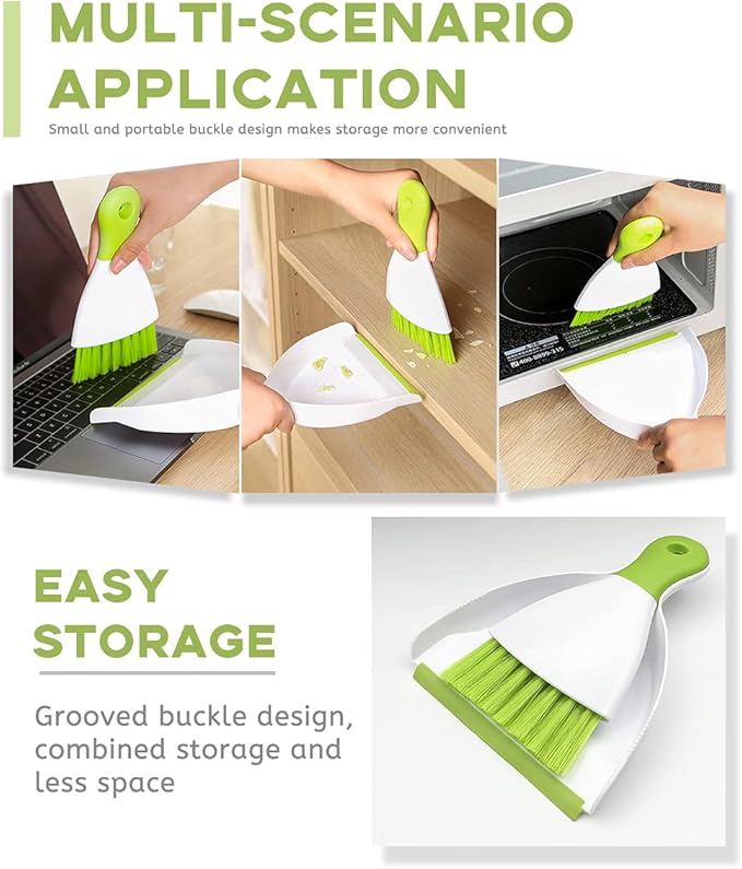 Dust Pan Broom Brush Dustpan - Dustpan and Brush Set, Mini Dust Pans with Brushes, Handheld Broom Cleaning for Tables, Keyboards, Guinea Pig Cage, and Cat Litter, etc.(Green