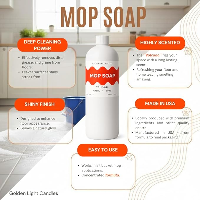 Mop Soap – Highly Scented Luxury Floor Cleaner Concentrate – Volcano Scent, Leaves Floors Shiny Without Residue – Multi-Surface Floor Mopping Solution, Made in USA, 32 oz