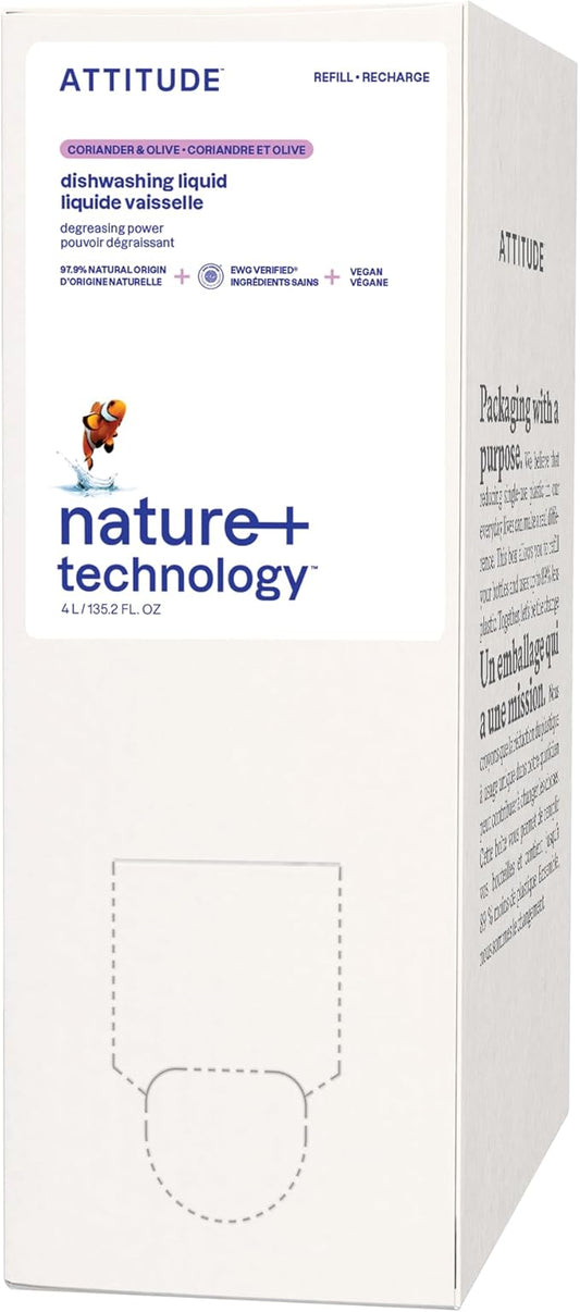 ATTITUDE Dish Soap Refill, EWG Verified, Plant-Based & Vegan Dishwashing Liquid, Naturally Derived, Olive & Coriander Scent, 135.3 Fl Oz