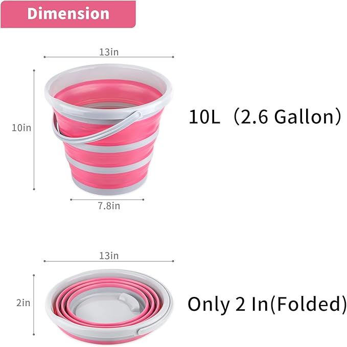 Collapsible Bucket 10L 2.6 Gallon Cleaning Bucket Mop Bucket Folding Foldable Portable Small Plastic Water Supplies for Outdoor Garden Camping Fishing Car Wash Space Saving Grey and Pink