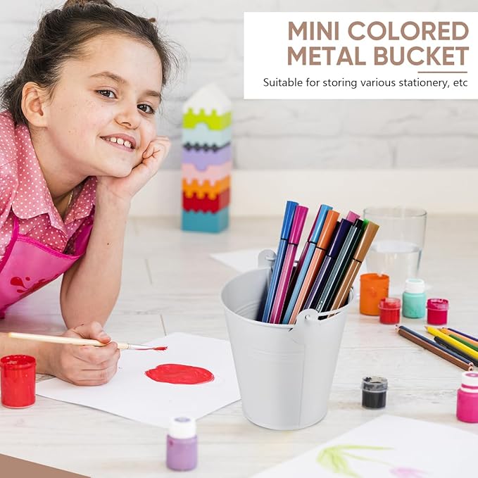 OBTANIM 7 Pack White Metal Buckets with Handle Galvanized Ice Pails for Plants, Succulents, Party Favors Organizing, Rustic Home Decor or Classrooms Pencil Storage (4 x 2.8 inch)