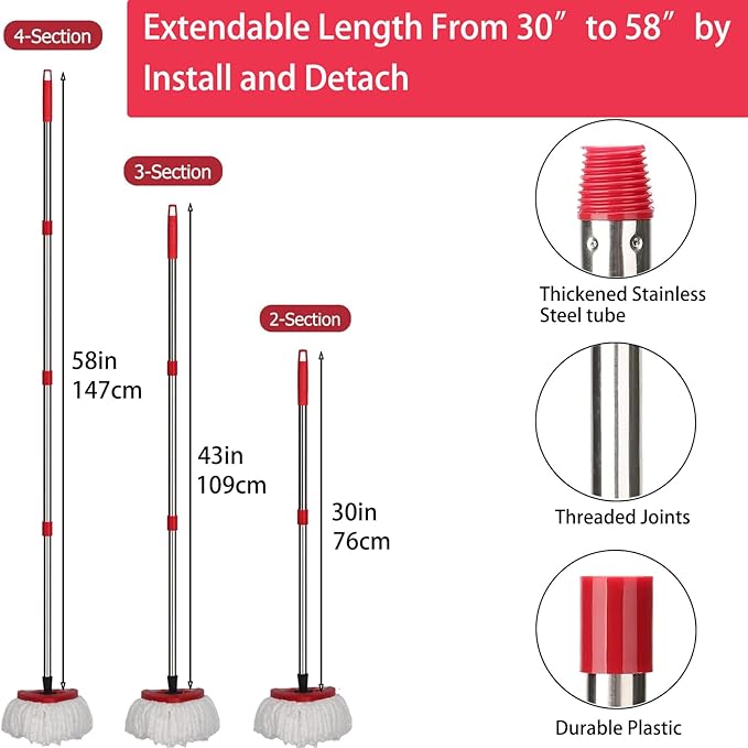Spin Mop Replacement Set - 4 Microfiber Heads, Base, 30-58'' Handle Compatible with OCedar EasyWring - White (1 Can System)
