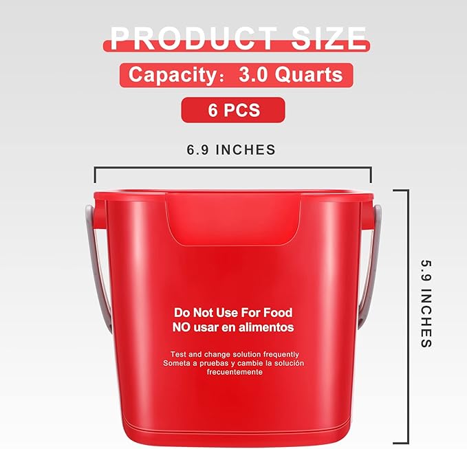 Roshtia 6 Pcs 3 Quart Cleaning Bucket Small Sanitizing Square Bucket Detergent Pail for Home Commercial Restaurant Kitchen Office School (Red)