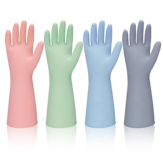 Rubber Kitchen Dishwashing Gloves - 4 Pairs Reusable Household Cleaning Gloves, Flexible and Durable & Non-slip Cleaning Gloves, Great for Kitchen, Bathroom, Laundry (Pink+Green+Blue+Grey)
