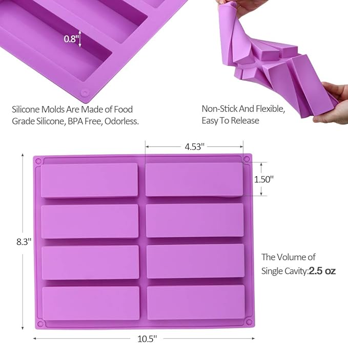 2 Pcs Large Rectangle Silicone Mold, Cereal Bar Molds, 8 Cavities Energy Bar Maker Baking Pan for Muffin Brownie Cornbread Cheesecake Pudding Cake and Soap, 10.5x 8.35x 0.8 Inch