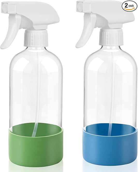 UUJOLY Plastic Spray Bottle Trigger Empty Spray Bottles Clear Refillable Container for Water, Essential Oils, Hair, Cleaning Products, Adjustable Head Sprayer and Stream, Green + Blue