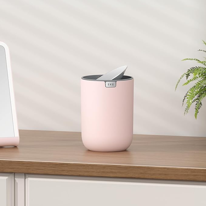 EKO Fandy 0.58 Gal/2.2L Mini Trash Can with Lid, Swing-Top Desktop Trash Can for Bathroom, Countertop, Vanity, Desk or Office, Small Garbage Bin (Pink)