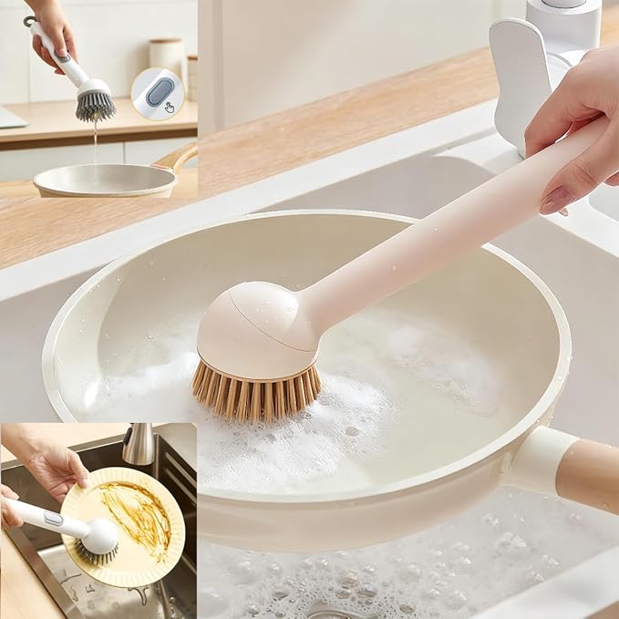 Adjustable Dish Brush with Soap Dispenser, Non-Scratch PET Bristles, Ergonomic Handle, Kitchen Cleaning Tool for Pots, Pans & Sink (Yellow, Long-1 Piece)