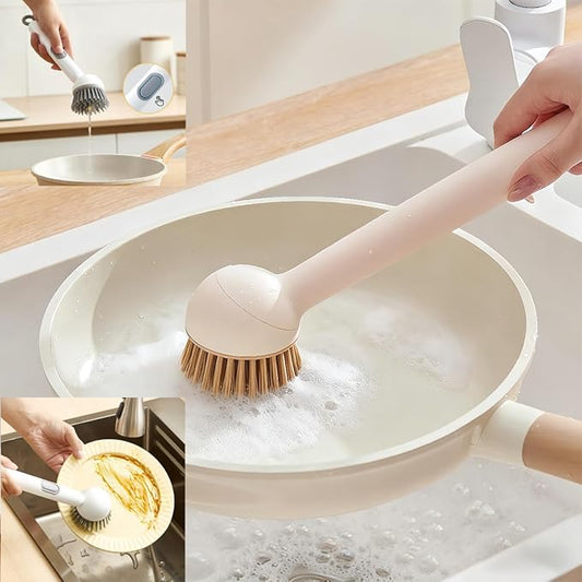 Adjustable Dish Brush with Soap Dispenser, Non-Scratch PET Bristles, Ergonomic Handle, Kitchen Cleaning Tool for Pots, Pans & Sink (Yellow, Long-1 Piece)