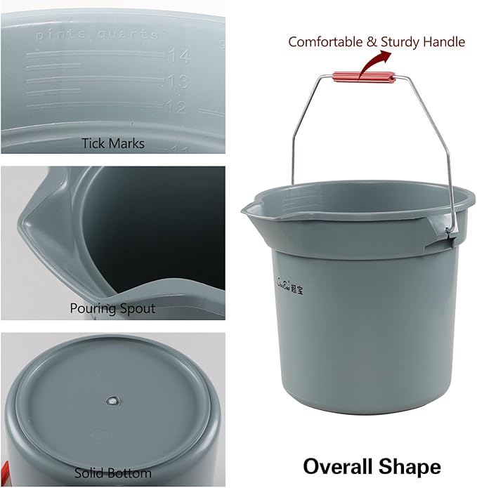 Jekiyo 4 Pack 14 Quart Commercial Cleaning Bucket Pail with Pour Spout and Handle, Grey