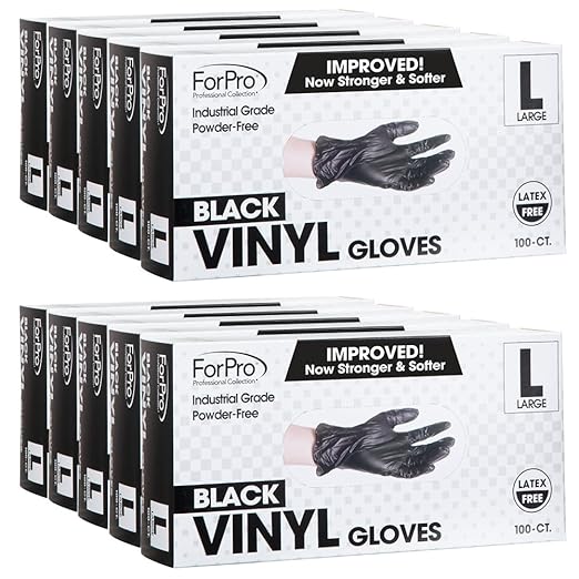 ForPro Professional Collection Disposable Vinyl Gloves, Black, Industrial Grade, Powder-Free, Latex-Free, Non-Sterile, Food Safe, 2.75 Mil. Palm, 3.9 Mil. Fingers, Large, 100-Count (Pack of 10)
