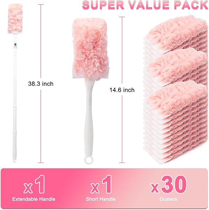 KeFanta Heavy Duty Duster Refills Kit for Swiffer Duster, 4X Microfiber Multi Surface Dusters for Cleaning with 3 ft Extended Handle, 1 Short Handle, 30 Refills