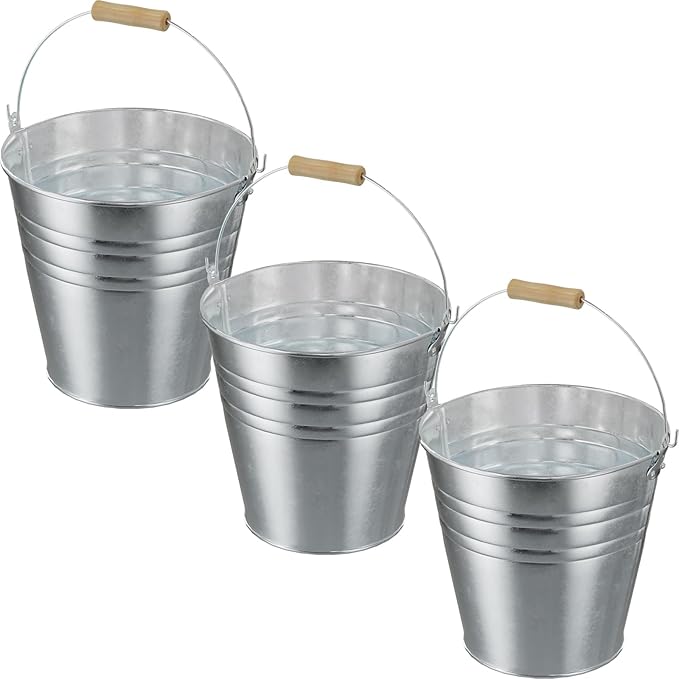 4 Gallon Galvanized Ice Bucket - Large Rustproof Metal Bucket Drink Tub with Wood Handles - 13" Beverage Bucket for Party BBQ Wedding Home Décor & Storage - 13"L x 13"W x 12"H - 3 Pack