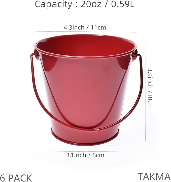 Small Metal Buckets with Handle, 6 Pack 4.3 Inch Colored Galvanized Bucket for Kids,Classroom,Crafts,and Party Favors (Red, 4.3" Top)
