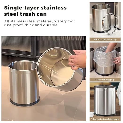 2.6Gallon/10L，Stainless Steel Bathroom Trash Can,Chrome Trash Can,Silver Garbage Can for Office，Wastebasket for Hotel，Office，Store，Metal Trash bin Without lid (Silver)
