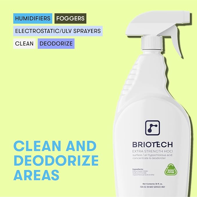 BRIOTECH Extra Strength HOCl Cleaner, 500 PPM Hypochlorous Acid Concentrate, ULV Foggers & Humidifiers, Professional Deodorizer for Dental, Offices, Schools, Homes, Peroxide Free, 32 fl oz (4 Pack)