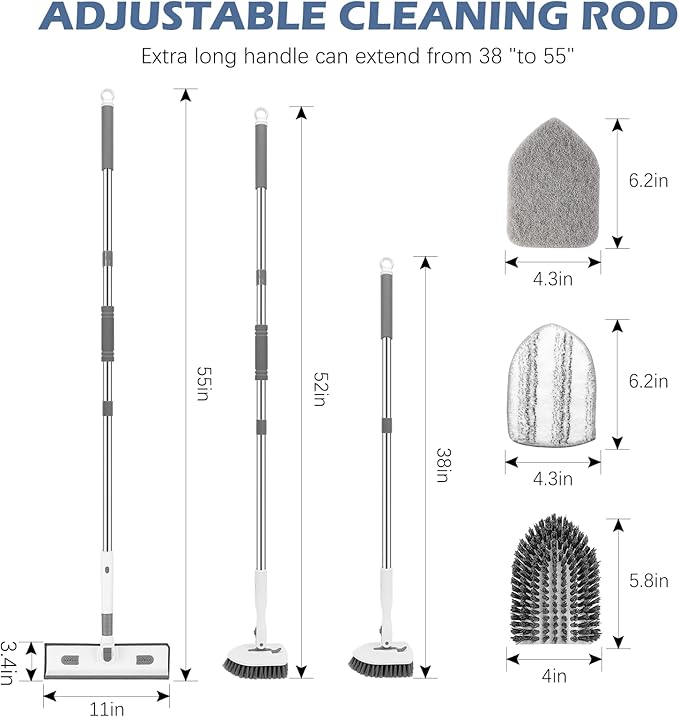 SetSail 4-in-1 Tile Tub Floor Scrubber with 52-inch Adjustable Long Handle Shower Cleaner Brush Comes with Window Scrubber and 3 Replacement Brush Heads for Cleaning Bathroom Kitchen Tub Tile, White