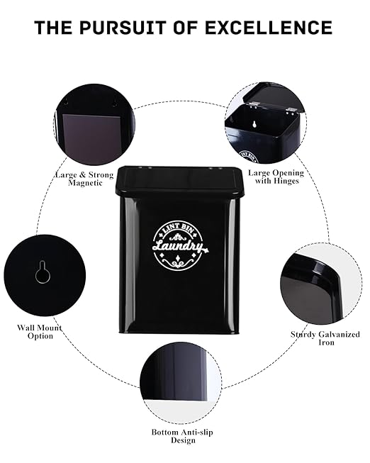 Magnetic Lint Bin for Laundry Room Organization and Storage with Brush, Wall-Mounted Laundry Dryer Lint Bin for Laundry Room Decor, Space-Saving Laundry Trash Can (Black)