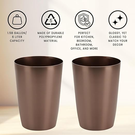 HOLDN’ STORAGE Small Trash Can - Set of 2 Open Top Waste Bin of 1.58 Gallon, Compact Waste Can Perfect for Bathroom, Kitchen, Office, Dorm - Durable Garbage Can - Metallic Brown
