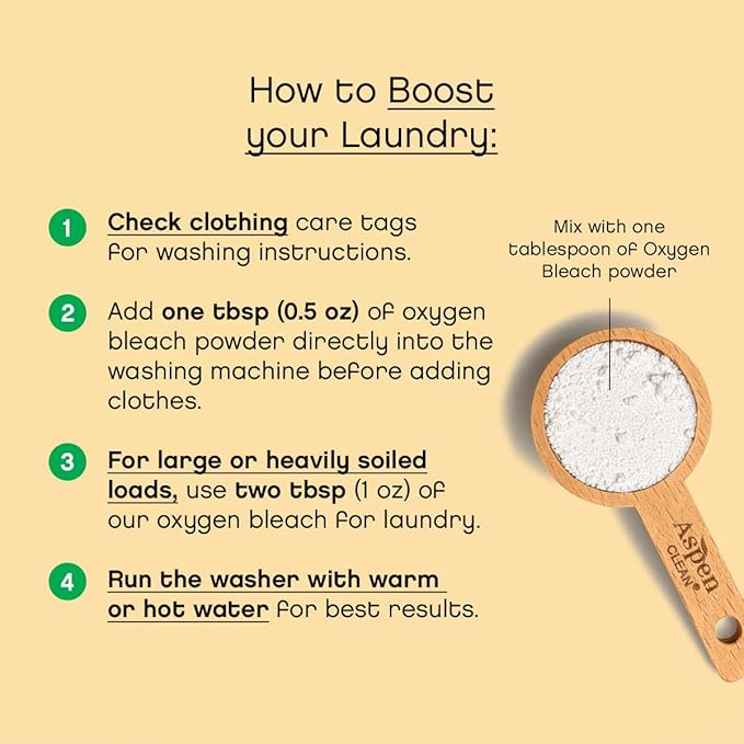 Unscented Oxygen Bleach Powder and Color Safe Stain Remover by AspenClean, Zero plastic, EWG Verified™, Vegan, Non-Bio, Hypoallergenic, Bleach Alternative - 45 Loads