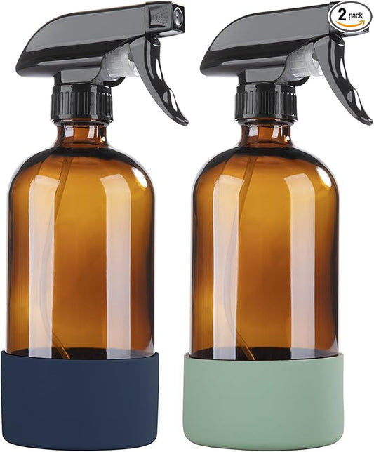HOMBYS Empty Glass Amber Spray Bottles with Silicone Sleeve Protection - Refillable 16 oz Containers for Cleaning Solutions, Essential Oils, Misting Plants - Quality Sprayer -(2 Pack Amber)