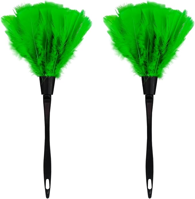 Turkey Feather Dusters for Cleaning Home Blinds Kitchen car Office, Eco-Friendly Reusable （2 pcs Green）