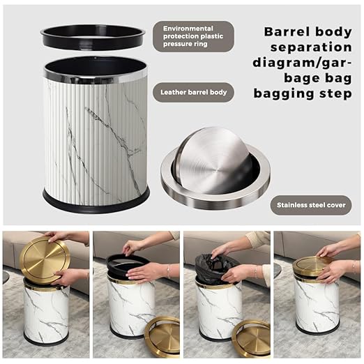 Bathroom Garbage can with lid，Small Trash Can with Flipping Lid, 4gallon,White and Silver Bathroom Trash can for Bedroom，Living Room,Hotel (15L-Ink Painting)