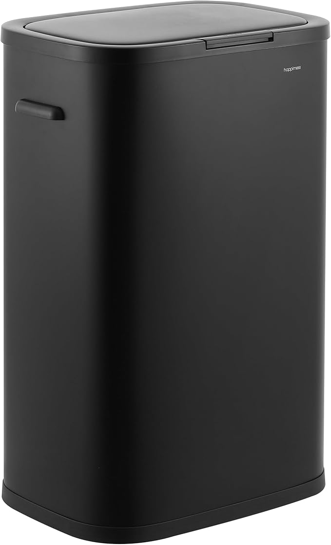 happimess HPM1017B Tammi Kitchen 14.5-Gallon Slim Metal Push Button Trash Can, Fingerprint Resistant, Modern, Minimalistic for Home, Kitchen, Laundry Room, Office, Bedroom, Bathroom, Charcoal Black