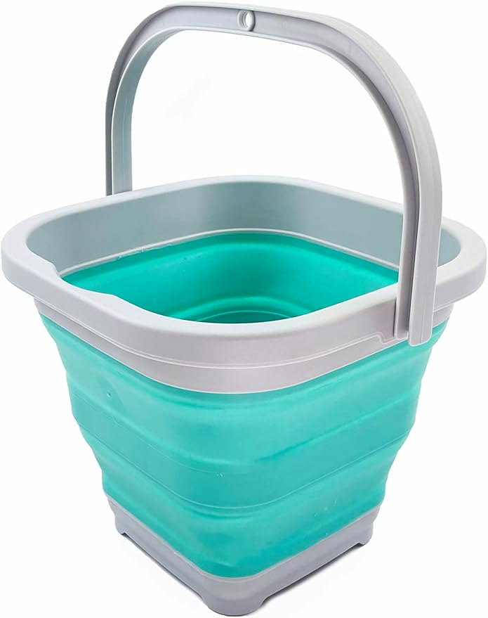 SAMMART Collapsible Rectangular Cleaning Bucket 5L (1.3 Gallon)- Foldable Camping Beach Sand Water Pot Pail- Portable Space Saving Tub for Household, Outdoor Car Washing (Grey/Pine)
