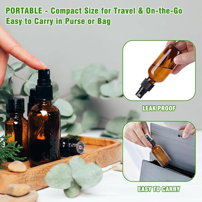 2oz Amber Glass Spray Bottles for Essential Oils, Hair, Skincare, Cleaning & Travel,4-Pack Small Empty Spray Bottle