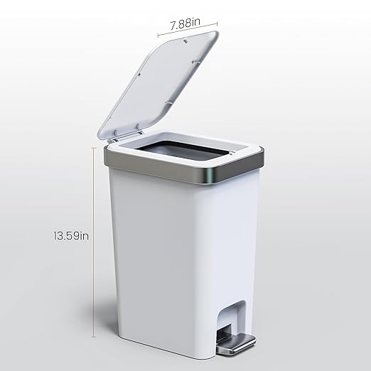 Small Bathroom Trash Can with Lid Soft Close, 10 Liter/2.6 Gallon Slim Garbage Can-Metal Step and Press top Lid, Mini Modern Waste Basket for Toilet, Office, Bedroom,Dorm,Grayish-White