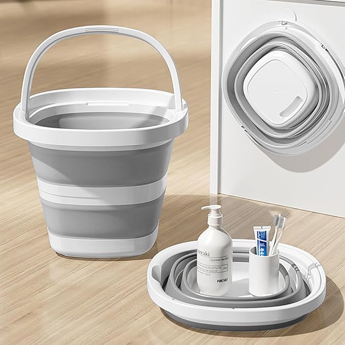 Collapsible Bucket Set, 2.6 Gallon, 2-Pack with Handles, Foldable Design for Camping, RV, Cleaning, Gray and Beige