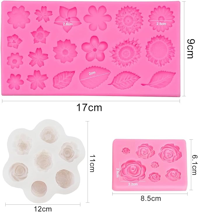 3 Pcs Flower Silicone Molds for Fondant, Chocolate, and Candy, 3D Rose Sunflower Daisy and Leaf Shapes for Cake Decorating, Sugarcraft, Soap, Candle, Jewelry Casting, and DIY Crafting
