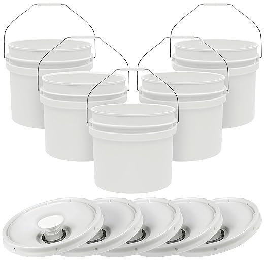 3.5-Gallon White Bucket Pail with Spout Lid, Metal Handles with Plastic Grip for Easy Carrying, Easy Stack and Store, Heavy-Duty Extra Durable, Food Grade, BPA Free - 5 Pack