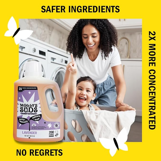 Molly's Suds Liquid Laundry Detergent | Clean Laundry Detergent Soap for Sensitive Skin | 2x Concentrated, High Efficiency (HE) | Lavender - 100 Loads