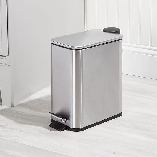 mDesign Slim Metal Rectangle 1.3 Gallon/5 Liter Trash Can with Step Pedal, Easy-Close Lid, Removable Liner - Narrow Wastebasket Garbage Container Bin for Bathroom, Bedroom - Brushed Stainless Steel