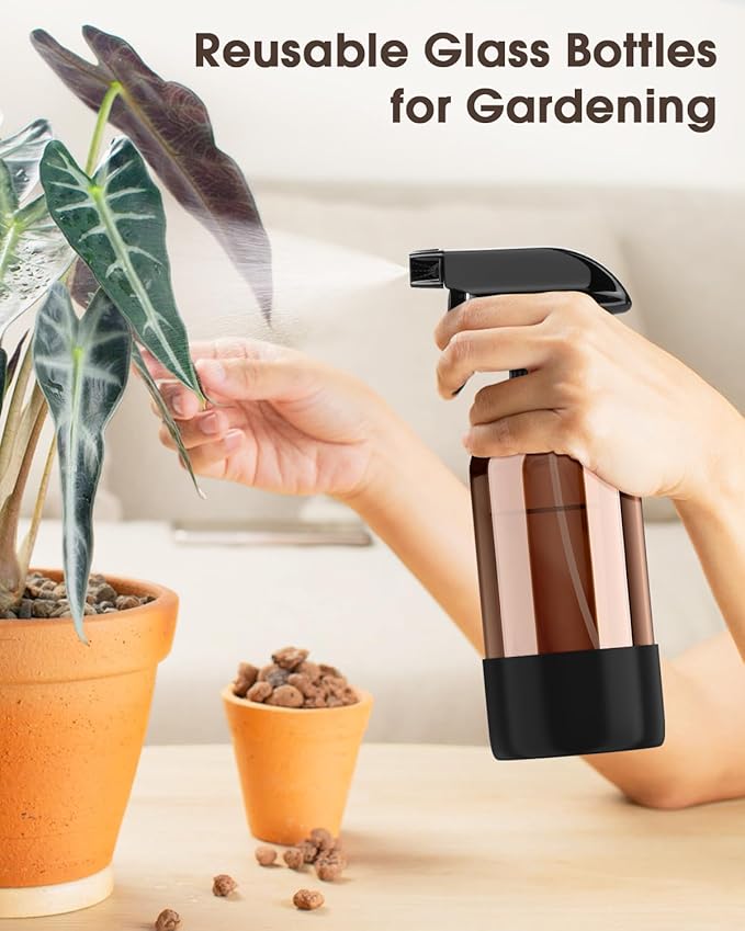 Glass Spray Bottle with Silicone Sleeve Protection, Amber Glass Spray Bottle Set for Window Cleaner Aromatherapy Facial Hydration Watering Flowers Hair Care 2 Pack/16 oz (Black)