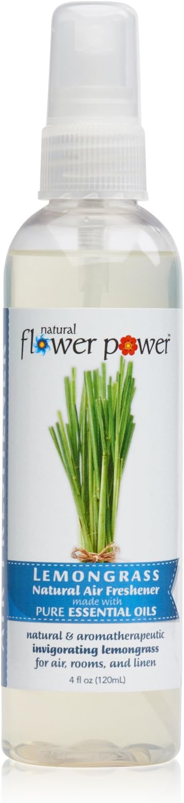 Natural Flower Power Air Freshener Spray | Lemongrass 4 Fl Oz | Pack of 3 | Scented w/ Pure Essential Oils | Non-Aerosol Plant-Based Odor Eliminator | Room, Linen, or Car Spray | Cruelty-Free & Vegan