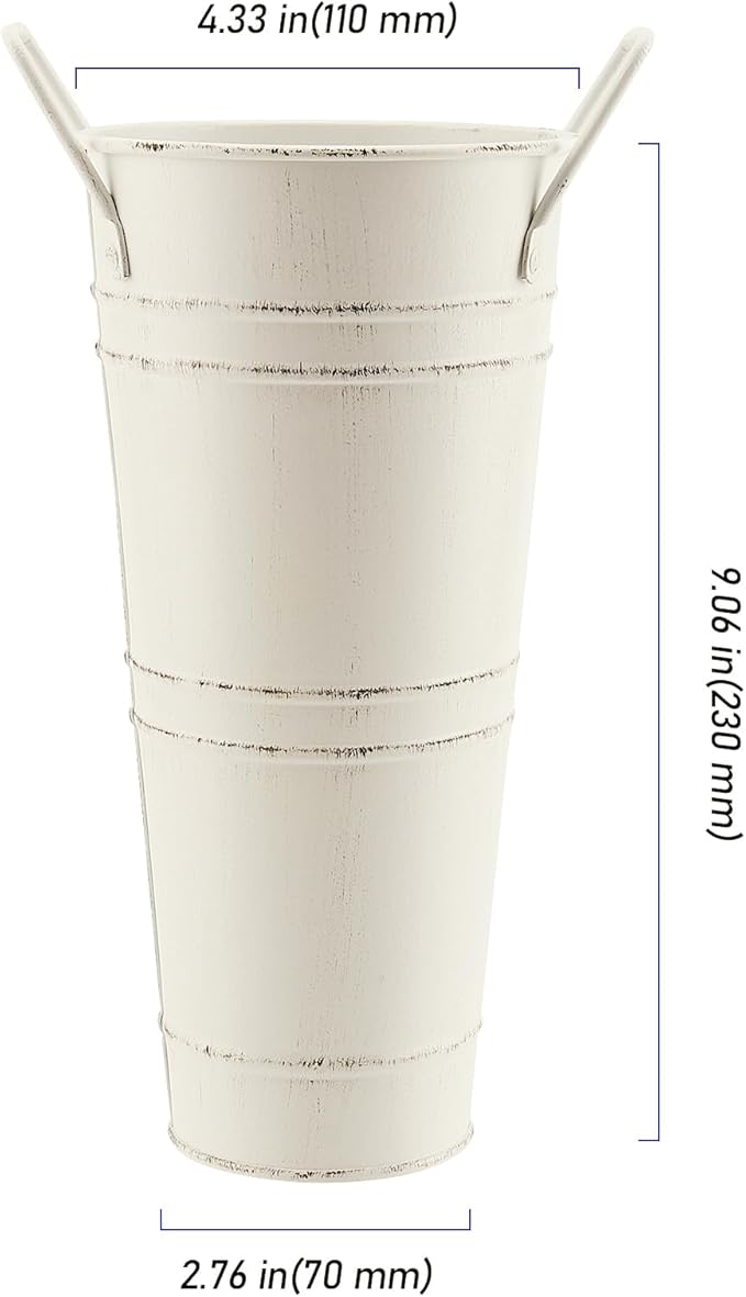 4 Pack 9 Inch Tall Galvanized Flower Bucket, Beige Farmhouse French Flower Bucket with Handle, Rustic Buckets Vintage Metal Vases for Flower, Centerpieces, Floral Wedding Arrangements