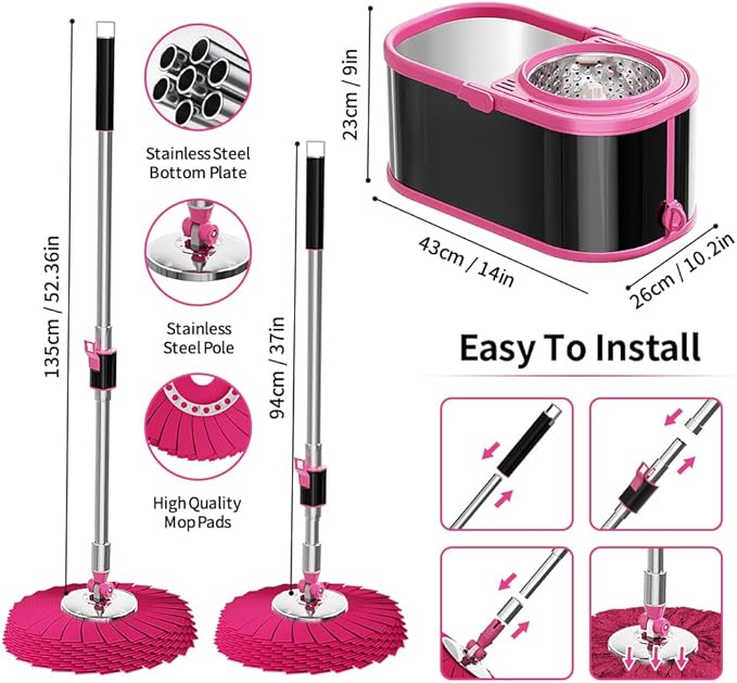 Stainless Steel Spin Mop and Bucket with Wringer Set for Home,360° Mop and Bucket with Separate Clean and Dirty Water,Wet Dust Mop for Floor Cleaning with Extra Refills (Black Pink)