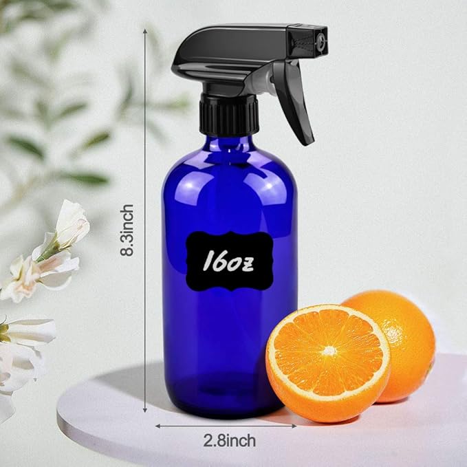 Glass Spray Bottles, 16oz Blue Glass Spray Bottles with Labels & Adjustable Nozzle, Reusable Containers for Cleaning, BBQ, Food, Plants, Alcohol, Essential Oils(3 Pack)