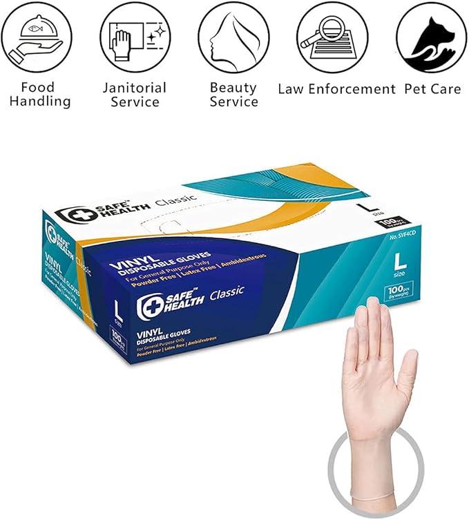 Safe Health Vinyl Disposable Gloves, Food Grade, Latex Free, Powder Free, Clear, 3 Mil, Housework, Cleaning