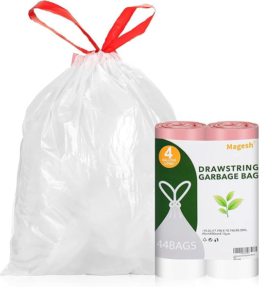Drawstring Small Trash Bags, Magesh 4 Gallon Drawstring Extra Thick Garbage Bags Unscented, Quick Cinch for Bathroom Kitchen Office Small Can, 44 Count, White