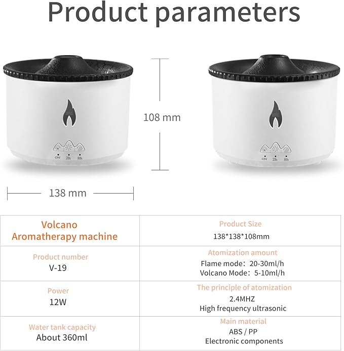 BOHOFAM Essential Oil Diffuser 360ML,Volcano and Flame Diffuser/Humidifier 2 Mode,Diffusers for Home with 7 Colorful Light,Included 4 Hotel Collection Diffuser Oil for Bedroom(White Translucent)