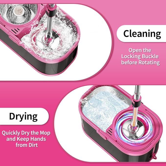 Stainless Steel Spin Mop and Bucket with Wringer Set for Home,360° Mop and Bucket with Separate Clean and Dirty Water,Wet Dust Mop for Floor Cleaning with Extra Refills (Black Pink)