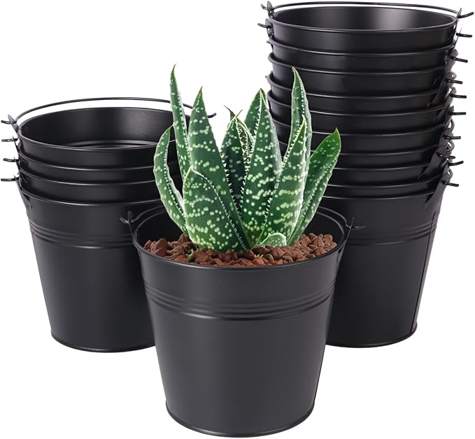 15 Pack 5.1" Black Metal Bucket, Elegant Galvanized Buckets with Handles, Tin Buckets, Small Iron Bucket, Metal Pail for Party Favors, Crafts, Garden & Beach