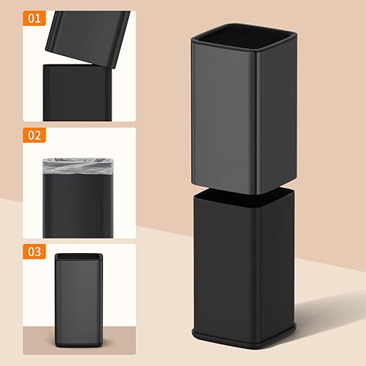 Mbillion 3.2 Gal (12L) Stainless Steel Open - Top Trash Can with Removable Inner Bucket - Sleek Metal Waste Basket for Bathroom Office, Brushed Black